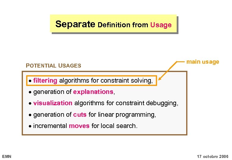 Separate Definition from Usage POTENTIAL USAGES main usage filtering algorithms for constraint solving, generation