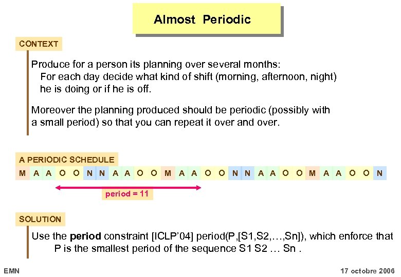 Almost Periodic CONTEXT Produce for a person its planning over several months: For each