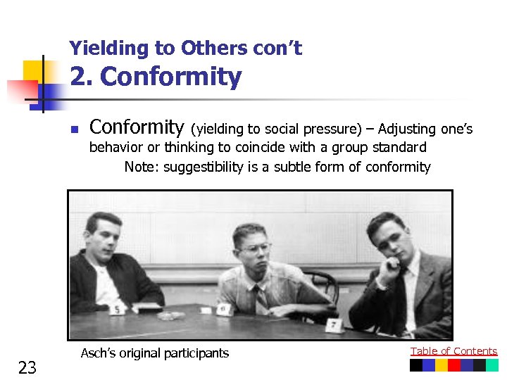 Yielding to Others con’t 2. Conformity n 23 Conformity (yielding to social pressure) –