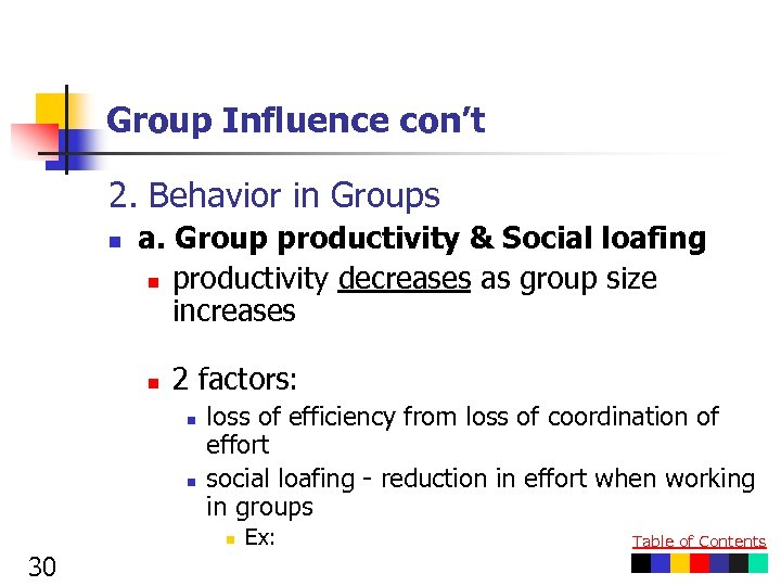 Group Influence con’t 2. Behavior in Groups n a. Group productivity & Social loafing