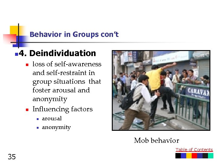 Behavior in Groups con’t n 4. Deindividuation n n loss of self-awareness and self-restraint