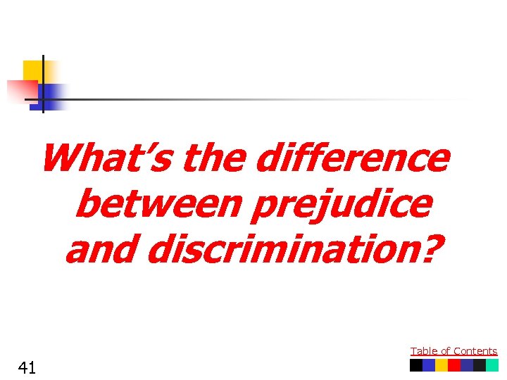 What’s the difference between prejudice and discrimination? Table of Contents 41 