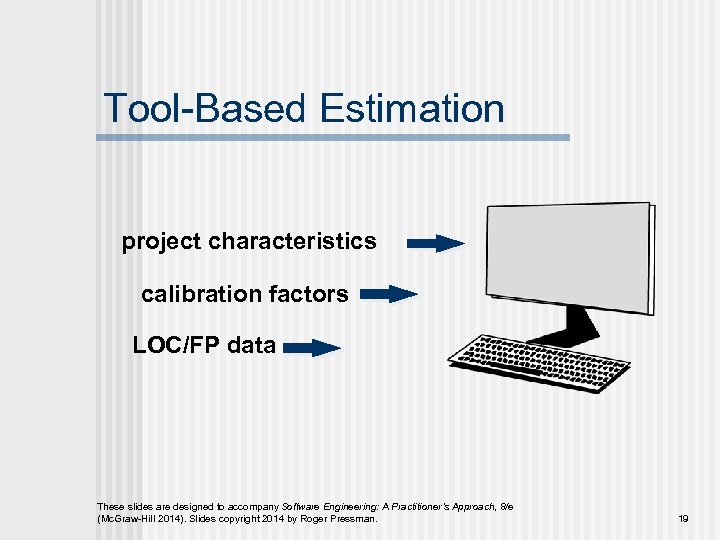 Tool-Based Estimation project characteristics calibration factors LOC/FP data These slides are designed to accompany