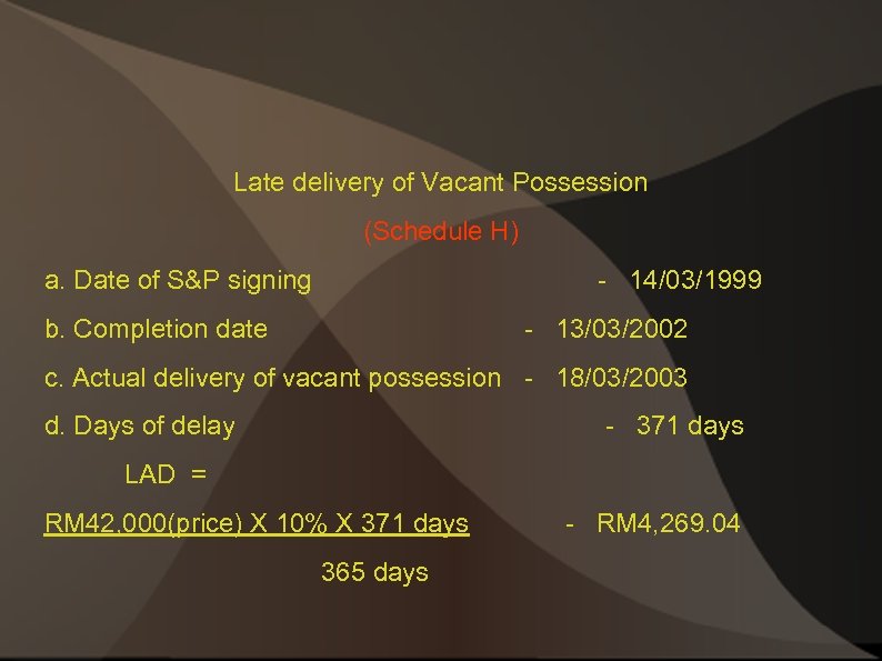 Late delivery of Vacant Possession (Schedule H) a. Date of S&P signing - 14/03/1999