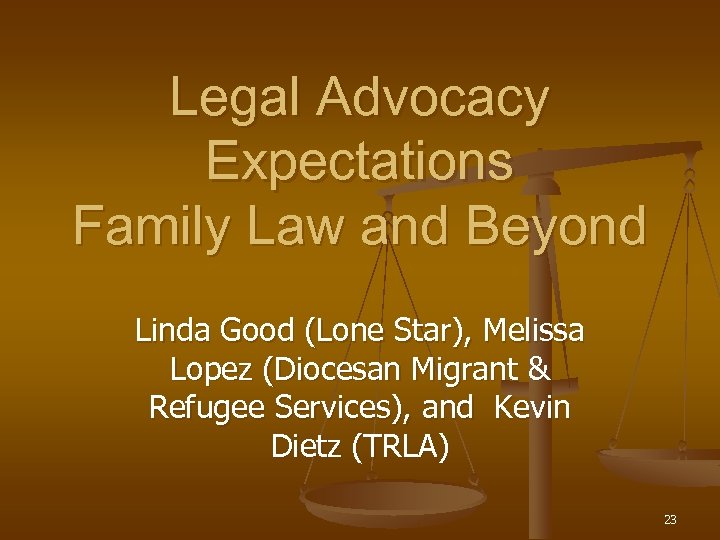 Legal Advocacy Expectations Family Law and Beyond Linda Good (Lone Star), Melissa Lopez (Diocesan