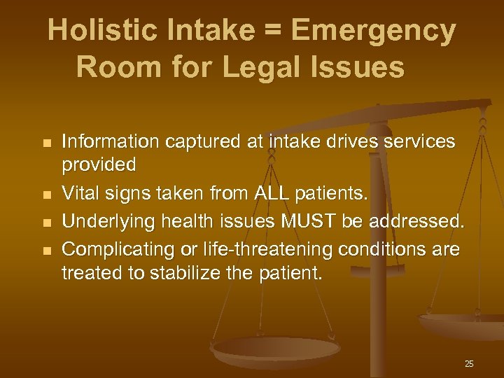 Holistic Intake = Emergency Room for Legal Issues n n Information captured at intake