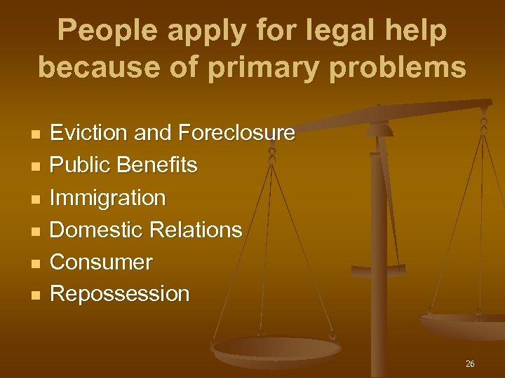 People apply for legal help because of primary problems n n n Eviction and