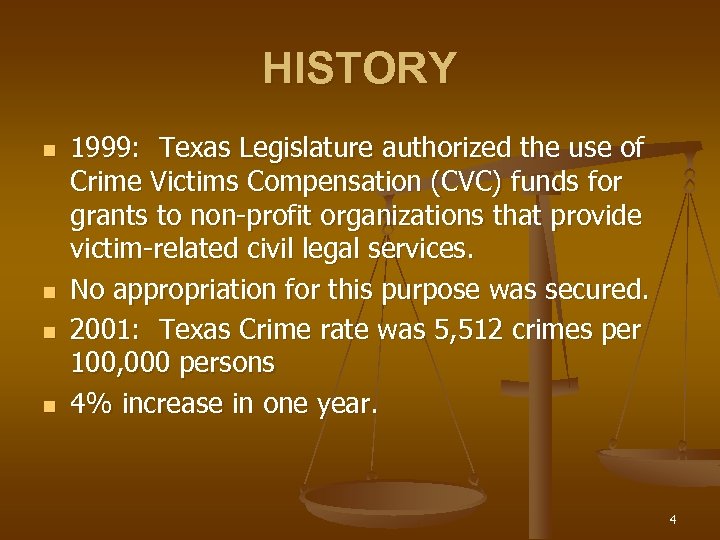 HISTORY n n 1999: Texas Legislature authorized the use of Crime Victims Compensation (CVC)