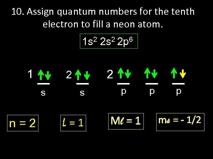 10. Assign quantum numbers for the tenth electron to fill a neon atom. 1