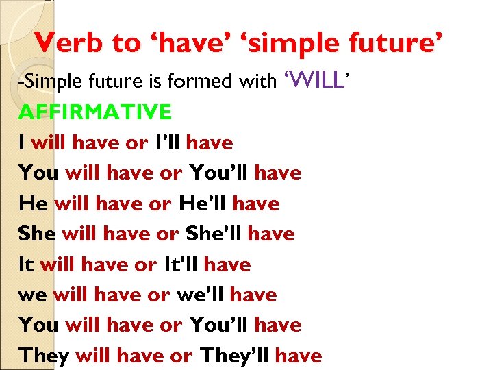 Verb to ‘have’ ‘simple future’ -Simple future is formed with ‘WILL’ AFFIRMATIVE I will