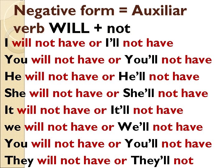 Negative form = Auxiliar verb WILL + not I will not have or I’ll