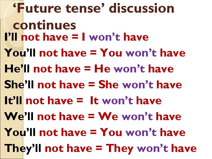 ‘Future tense’ discussion continues I’ll not have = I won’t have You’ll not have