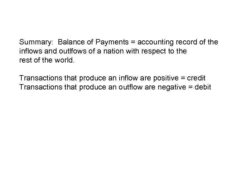 Summary: Balance of Payments = accounting record of the inflows and outlfows of a