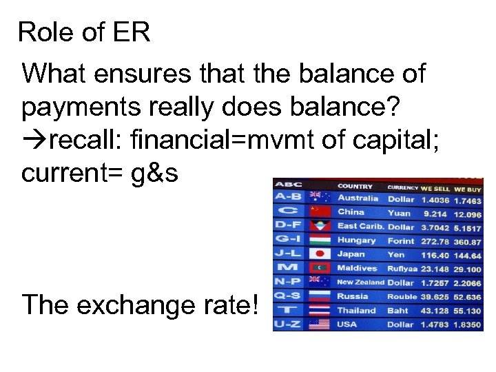 Role of ER What ensures that the balance of payments really does balance? recall: