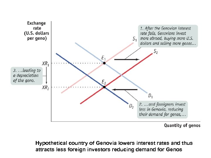 Hypothetical country of Genovia lowers interest rates and thus attracts less foreign investors reducing