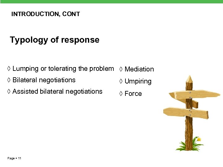 INTRODUCTION, CONT Typology of response ◊ Lumping or tolerating the problem ◊ Mediation ◊