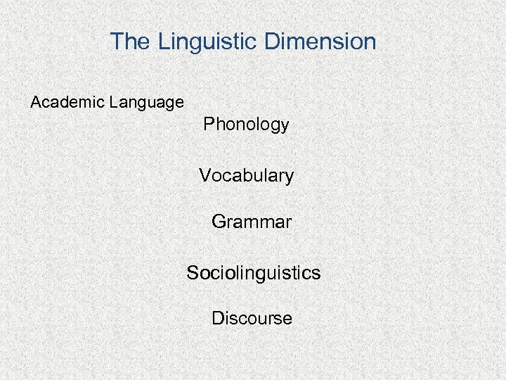 The Linguistic Dimension Academic Language Phonology Vocabulary Grammar Sociolinguistics Discourse 