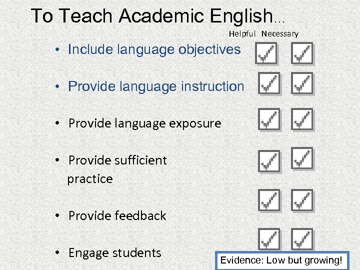 To Teach Academic English… Helpful Necessary • Include language objectives • Provide language instruction