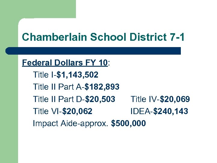 Chamberlain School District 7 -1 Federal Dollars FY 10: Title I-$1, 143, 502 Title