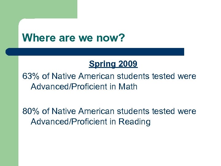 Where are we now? Spring 2009 63% of Native American students tested were Advanced/Proficient