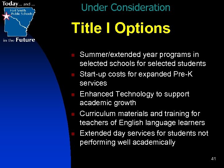 Under Consideration Title I Options n n n Summer/extended year programs in selected schools