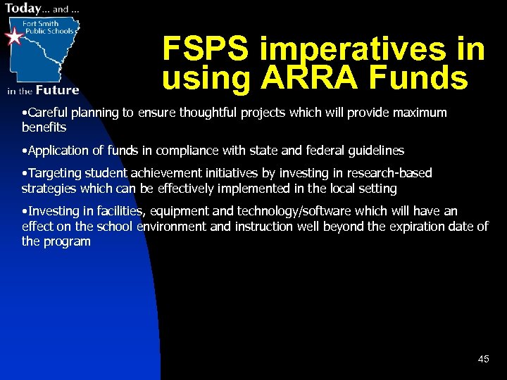 FSPS imperatives in using ARRA Funds • Careful planning to ensure thoughtful projects which