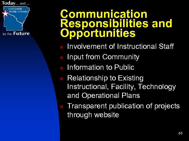 Communication Responsibilities and Opportunities n n n Involvement of Instructional Staff Input from Community