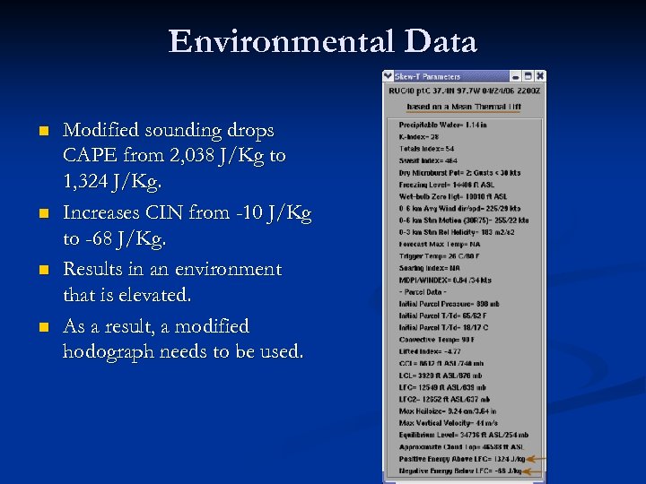 Environmental Data n n Modified sounding drops CAPE from 2, 038 J/Kg to 1,