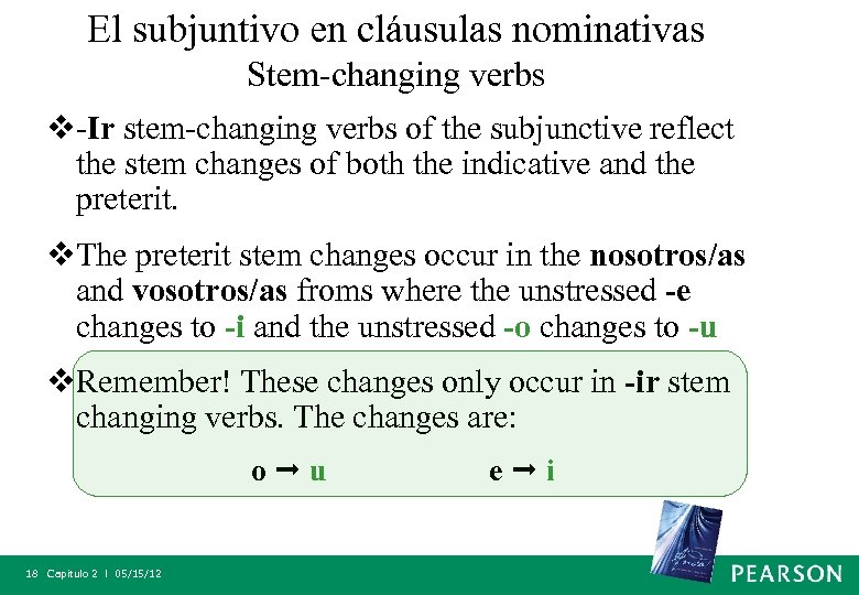 El subjuntivo en cláusulas nominativas Stem-changing verbs v-Ir stem-changing verbs of the subjunctive reflect
