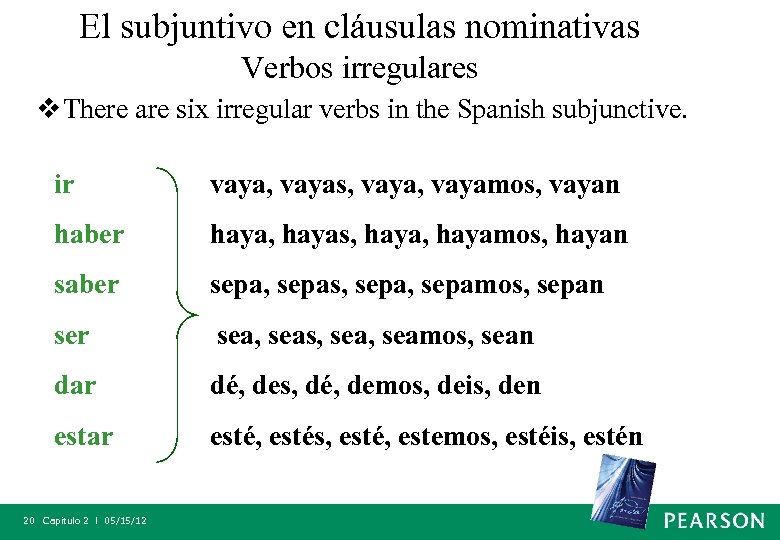 El subjuntivo en cláusulas nominativas Verbos irregulares v There are six irregular verbs in