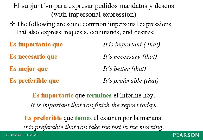 El subjuntivo para expresar pedidos mandatos y deseos (with impersonal expression) v The following