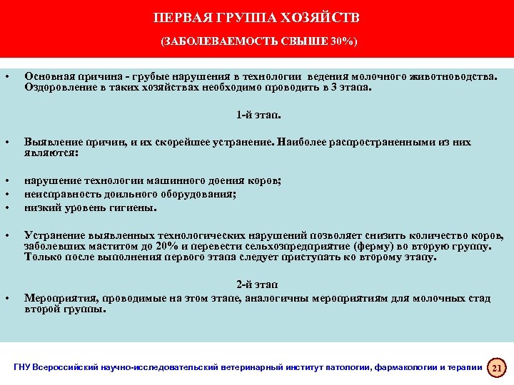 ПЕРВАЯ ГРУППА ХОЗЯЙСТВ (ЗАБОЛЕВАЕМОСТЬ СВЫШЕ 30%) • Основная причина - грубые нарушения в технологии