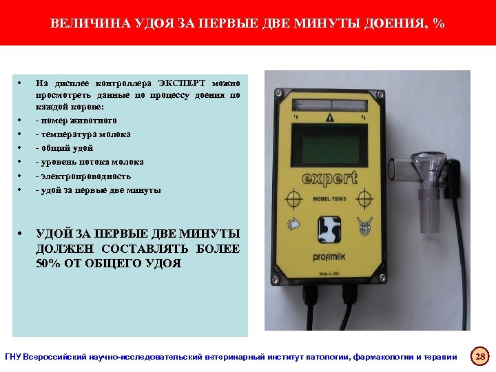 ВЕЛИЧИНА УДОЯ ЗА ПЕРВЫЕ ДВЕ МИНУТЫ ДОЕНИЯ, % • • На дисплее контроллера ЭКСПЕРТ