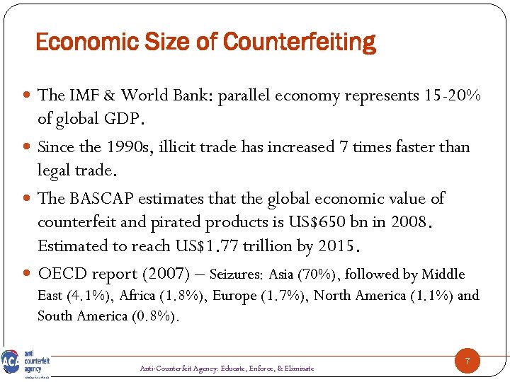 Economic Size of Counterfeiting The IMF & World Bank: parallel economy represents 15 -20%