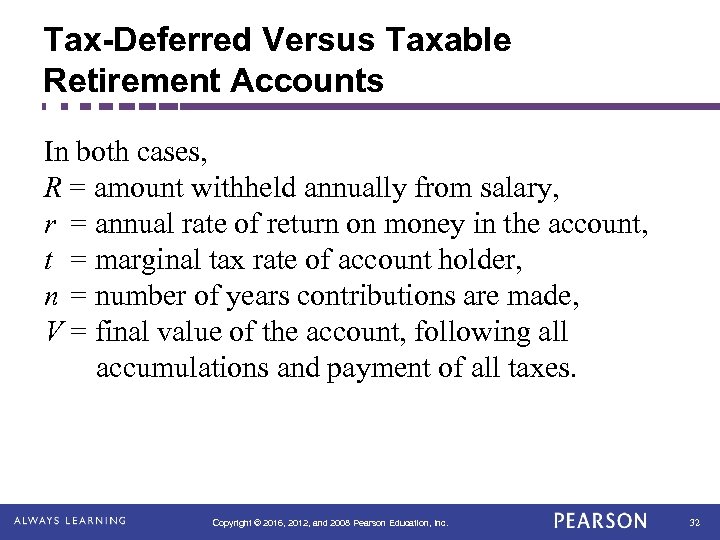 Tax-Deferred Versus Taxable Retirement Accounts In both cases, R = amount withheld annually from