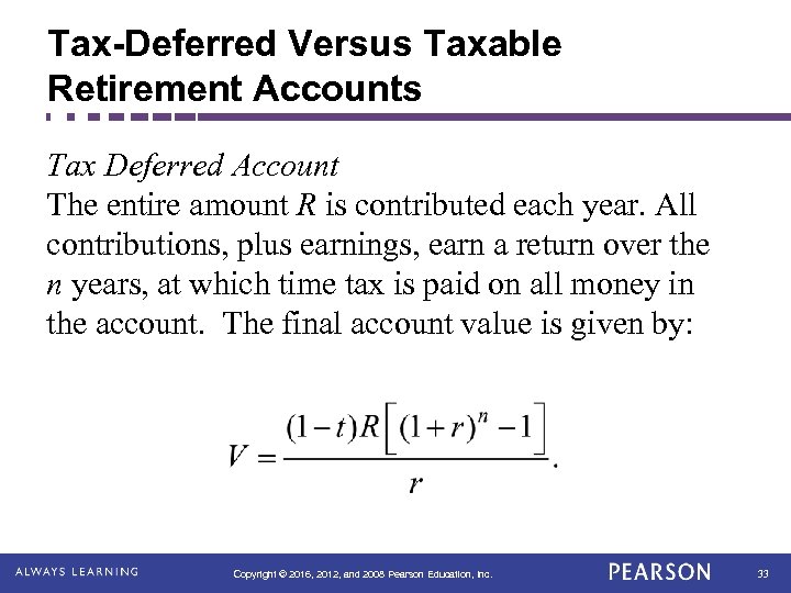 Tax-Deferred Versus Taxable Retirement Accounts Tax Deferred Account The entire amount R is contributed