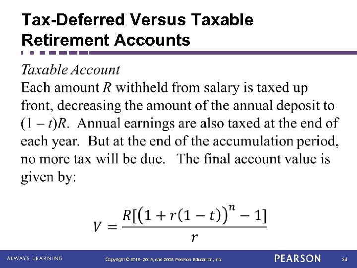Tax-Deferred Versus Taxable Retirement Accounts Copyright © 2016, 2012, and 2008 Pearson Education, Inc.