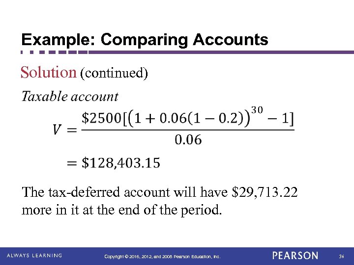 Example: Comparing Accounts Solution (continued) The tax-deferred account will have $29, 713. 22 more