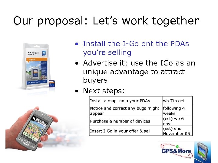 Our proposal: Let’s work together • Install the I-Go ont the PDAs you’re selling