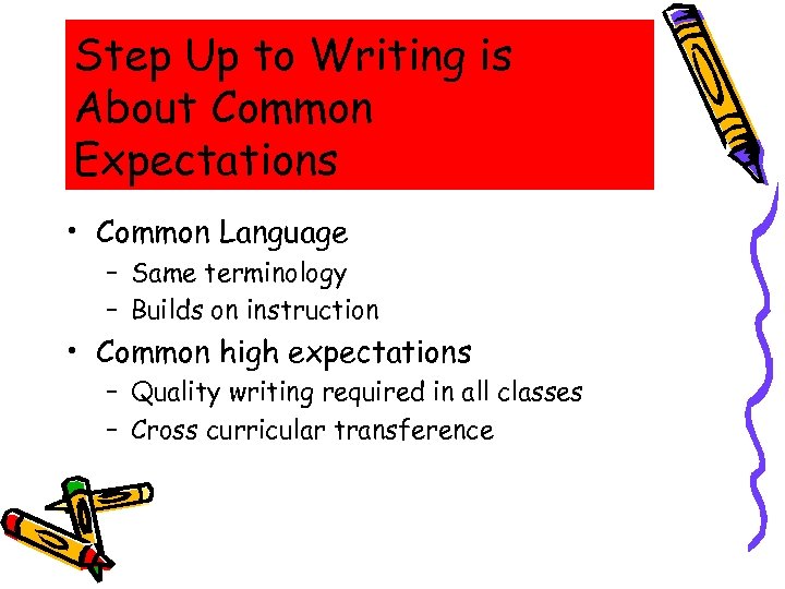 Step Up to Writing is About Common Expectations • Common Language – Same terminology