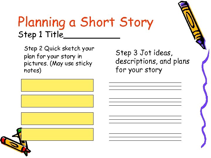 Planning a Short Story Step 1 Title______ Step 2 Quick sketch your plan for