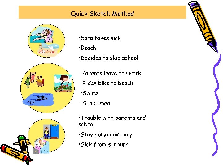 Quick Sketch Method • Sara fakes sick • Beach • Decides to skip school