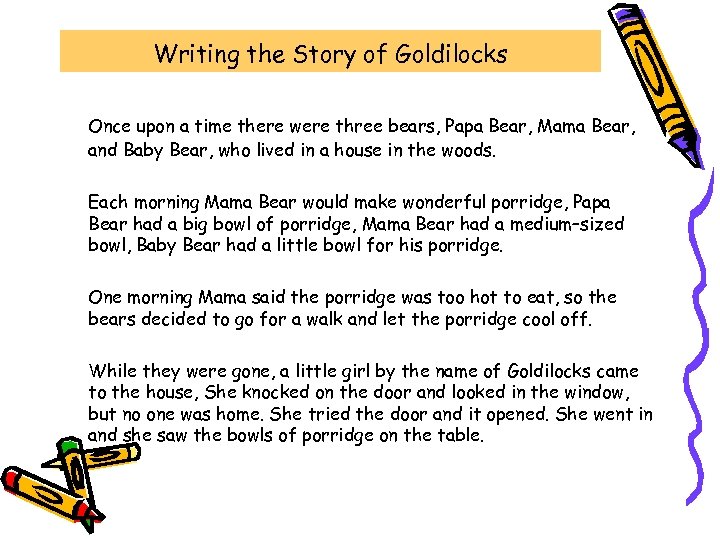 Writing the Story of Goldilocks Once upon a time there were three bears, Papa