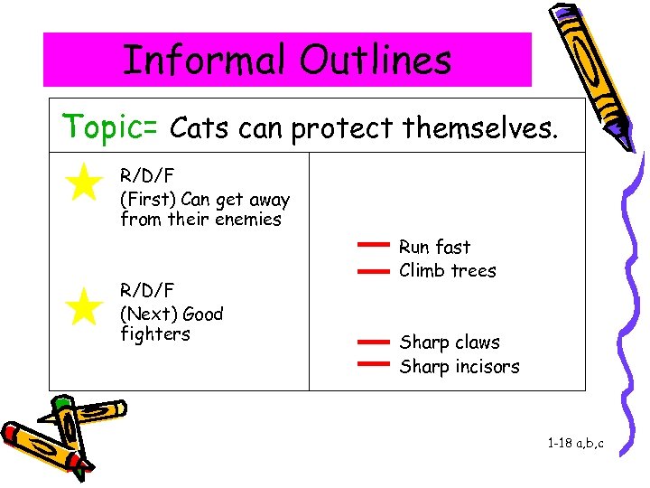 Informal Outlines Topic= Cats can protect themselves. R/D/F (First) Can get away from their