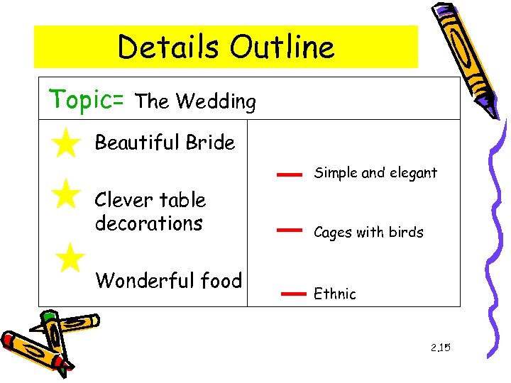 Details Outline Topic= The Wedding Beautiful Bride Simple and elegant Clever table decorations Wonderful