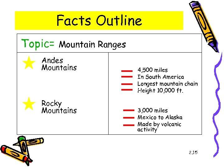 Facts Outline Topic= Mountain Ranges Andes Mountains Rocky Mountains 4, 500 miles In South