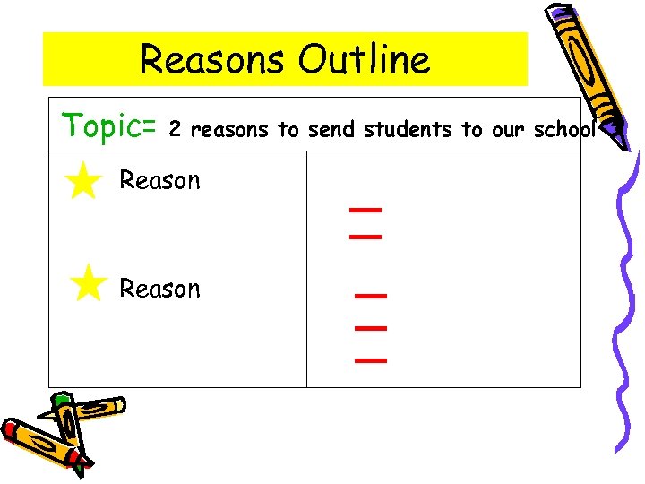 Reasons Outline Topic= 2 reasons to send students to our school Reason 