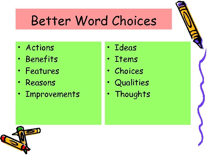 Better Word Choices • • • Actions Benefits Features Reasons Improvements • • •