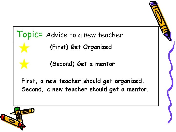 Topic= Advice to a new teacher (First) Get Organized (Second) Get a mentor First,