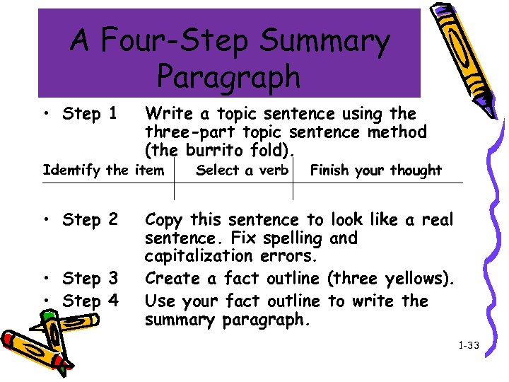 A Four-Step Summary Paragraph • Step 1 Write a topic sentence using the three-part